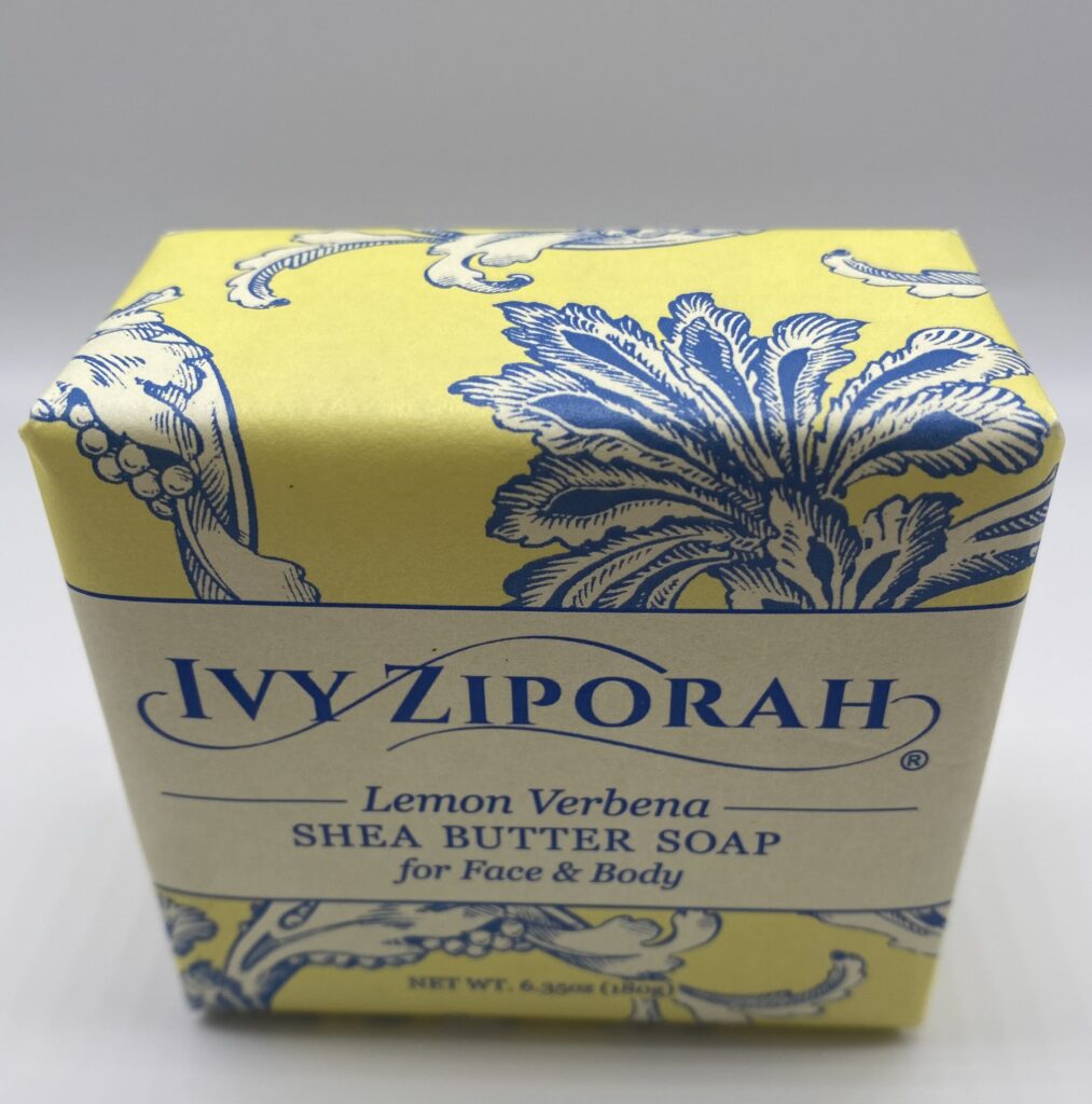 A shea butter soap for face and body in its product wrap
