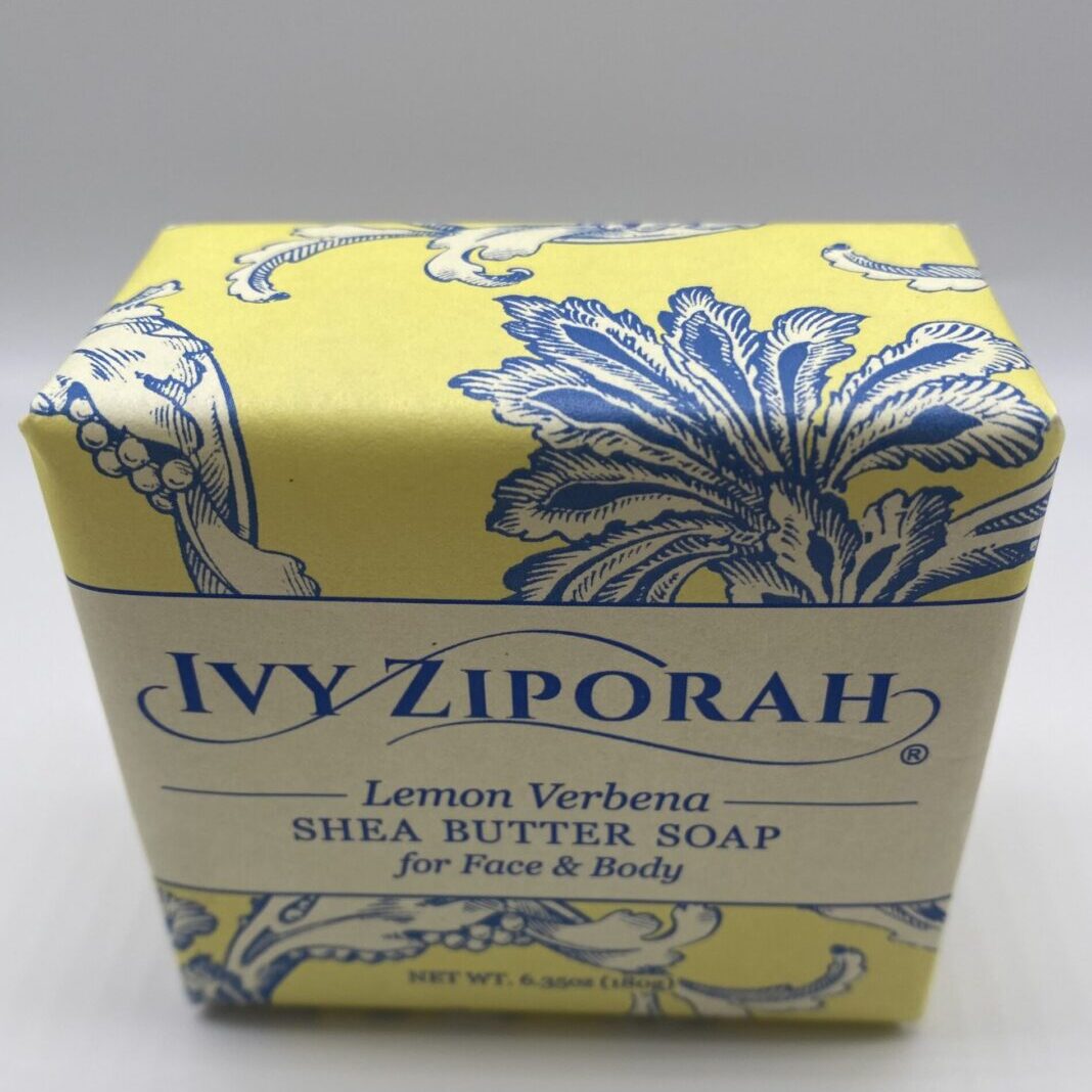 A yellow and blue soap with floral design.